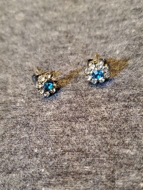 Blue Crystal Halo Stud Earrings-Silver Tone